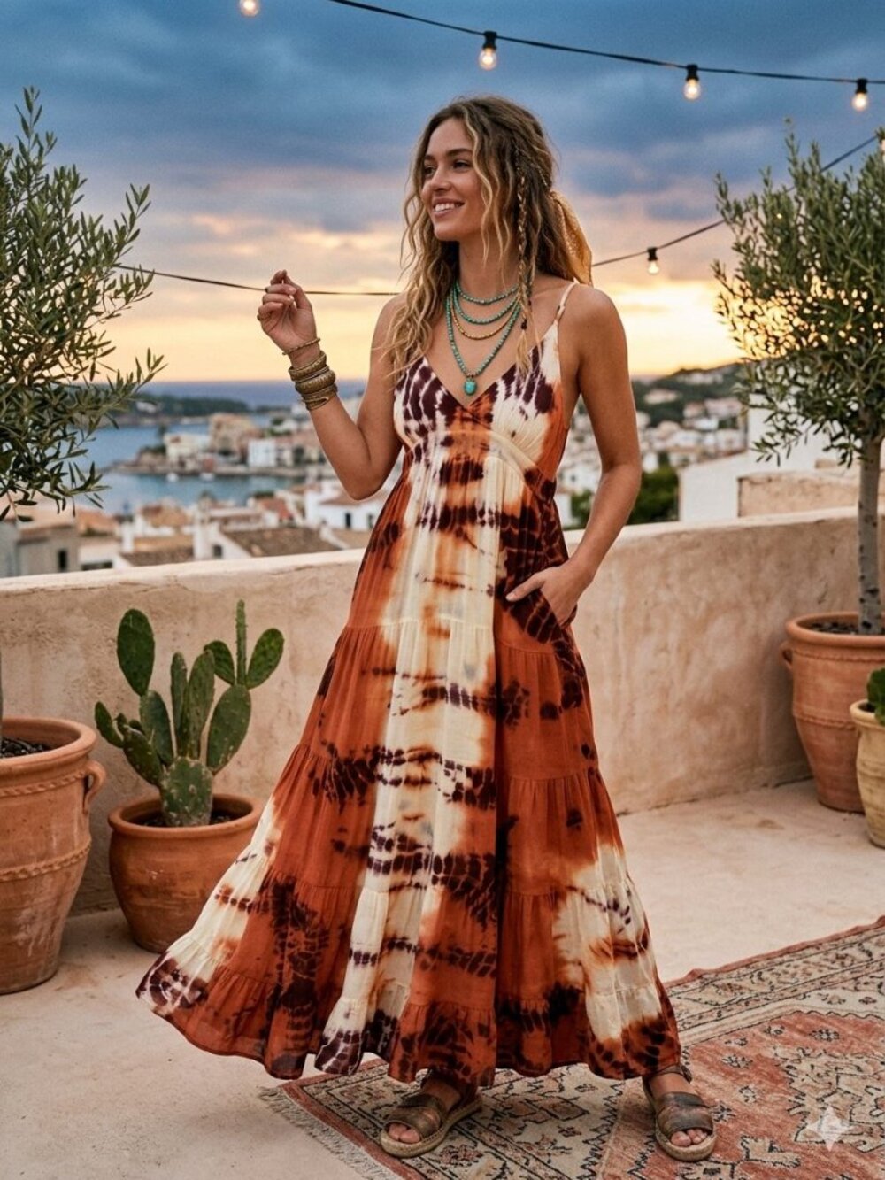 RAGA Women's Size X-Small Burnt Orange Tie Dye Tiered Strappy Zip Halter Dress
